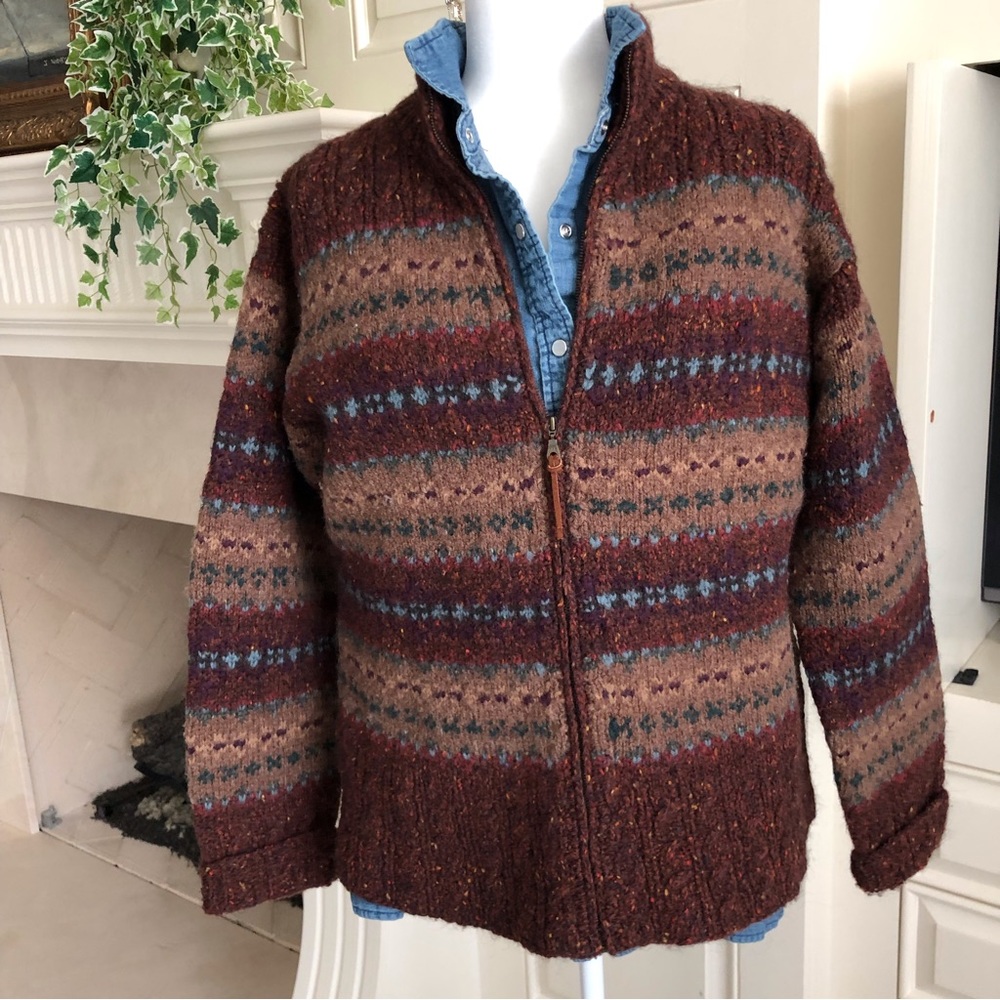 Lauren Ralph Intarsia Hand Knit Zip Front Cardigan Size L